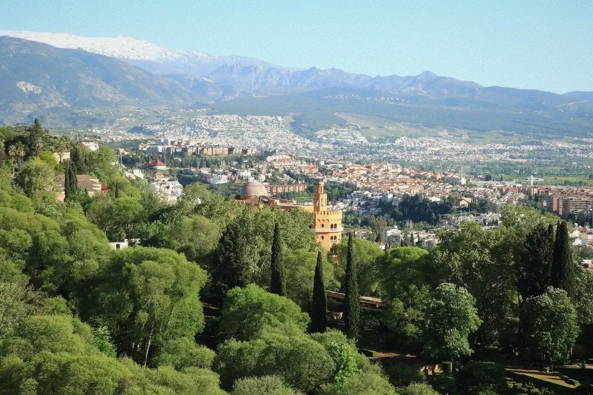 View over Granada from the Alhambra walls with the plains beyond, Spain